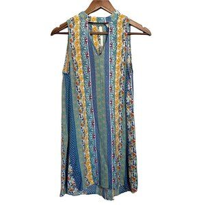 Umgee Women's Green Sleeveless Keyhold Damask Floral Striped Mini Dress Small